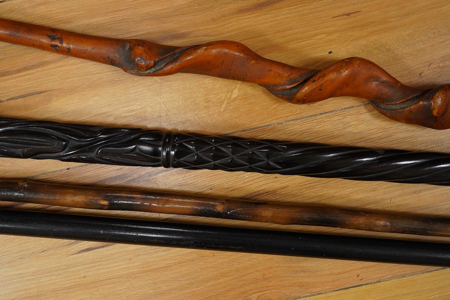 Four various walking canes to include a naturalistic example and one with the handle in the form of an elephant